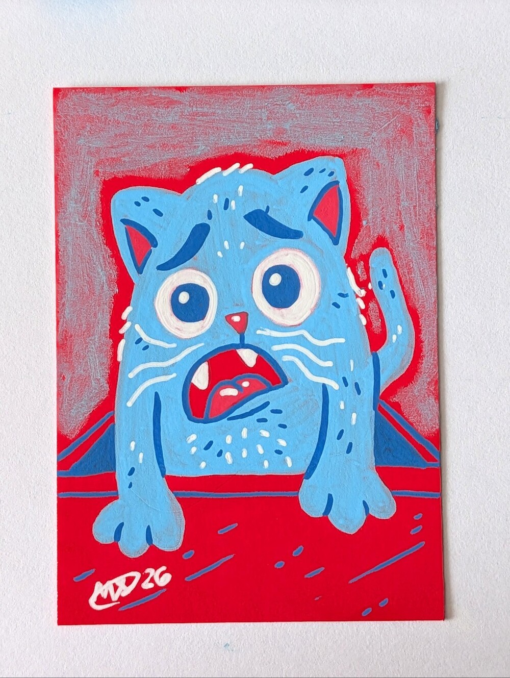 ACEO Original Red White & Blue Cat in Box 2.5×3.5 Painting Card By Mattoodles